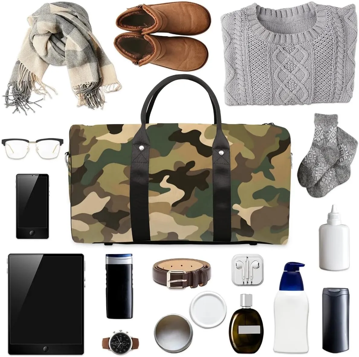Classic Woodland Camo Travel Duffel Bag for Women Men Waterproof Foldable Overnight Weekender Bag Large Capacity Sports Gym Bag