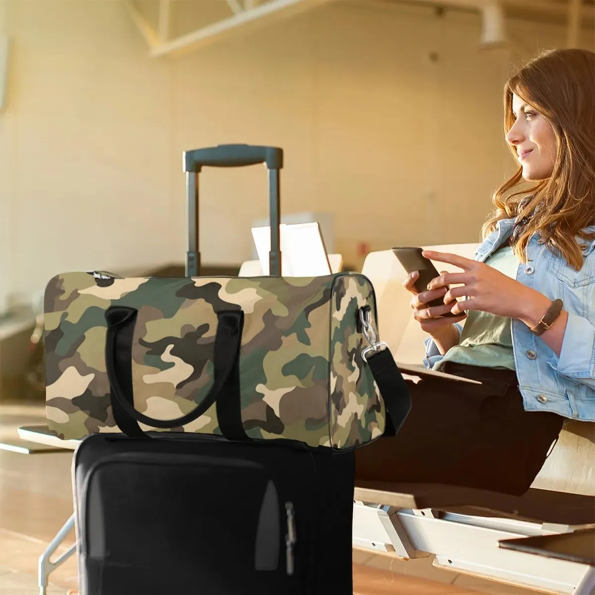 Classic Woodland Camo Travel Duffel Bag for Women Men Waterproof Foldable Overnight Weekender Bag Large Capacity Sports Gym Bag
