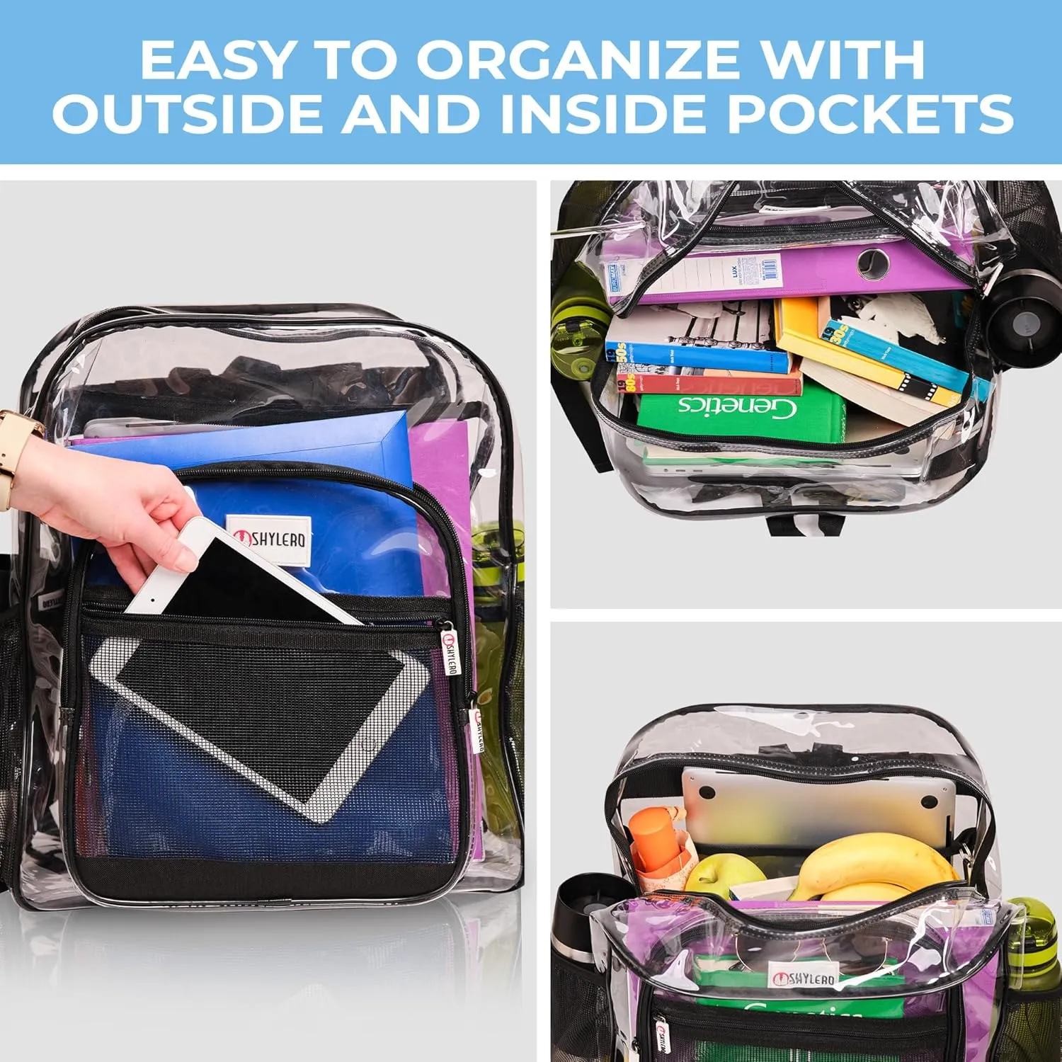 Clear Backpack Heavy Duty has TSA Lock, 2-Way Zipper. PVC Transparent Backpack X-Large - H18''xW14''xD8 - Black