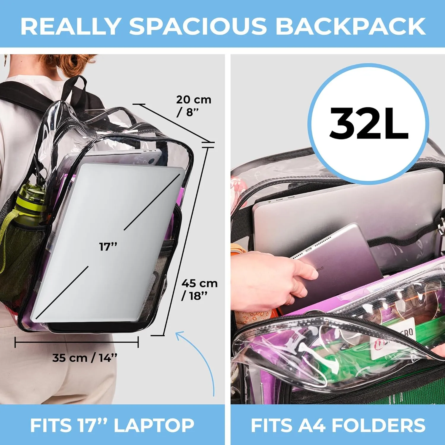 Clear Backpack Heavy Duty has TSA Lock, 2-Way Zipper. PVC Transparent Backpack X-Large - H18''xW14''xD8 - Black
