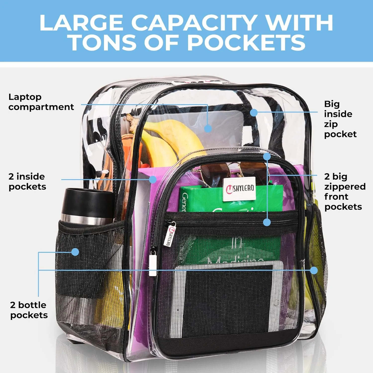 Clear Backpack Heavy Duty has TSA Lock, 2-Way Zipper. PVC Transparent Backpack X-Large - H18''xW14''xD8 - Black