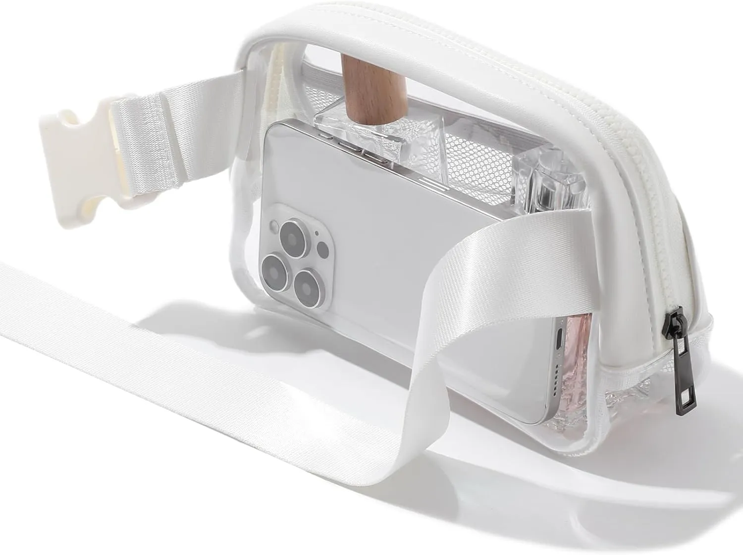 Clear Belt Bag Fanny Pack Stadium Approved, Small Leather Transparent Waist Bag with Adjustable Strap for Concerts Sports Events, Crossbody Purses for Men & Women (White)
