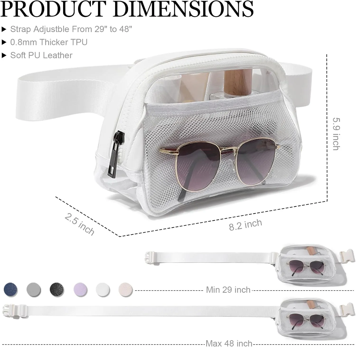 Clear Belt Bag Fanny Pack Stadium Approved, Small Leather Transparent Waist Bag with Adjustable Strap for Concerts Sports Events, Crossbody Purses for Men & Women (White)