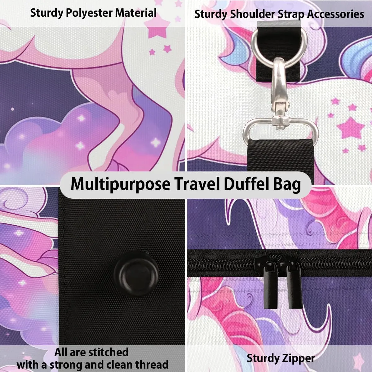 Cloud Unicorn Print Travel Duffel Bag for Women Men Waterproof Foldable Overnight Weekender Bag Large Capacity Sports Gym Bag