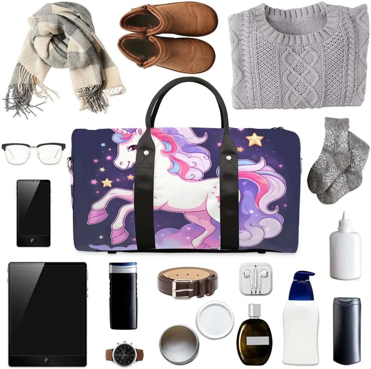 Cloud Unicorn Print Travel Duffel Bag for Women Men Waterproof Foldable Overnight Weekender Bag Large Capacity Sports Gym Bag