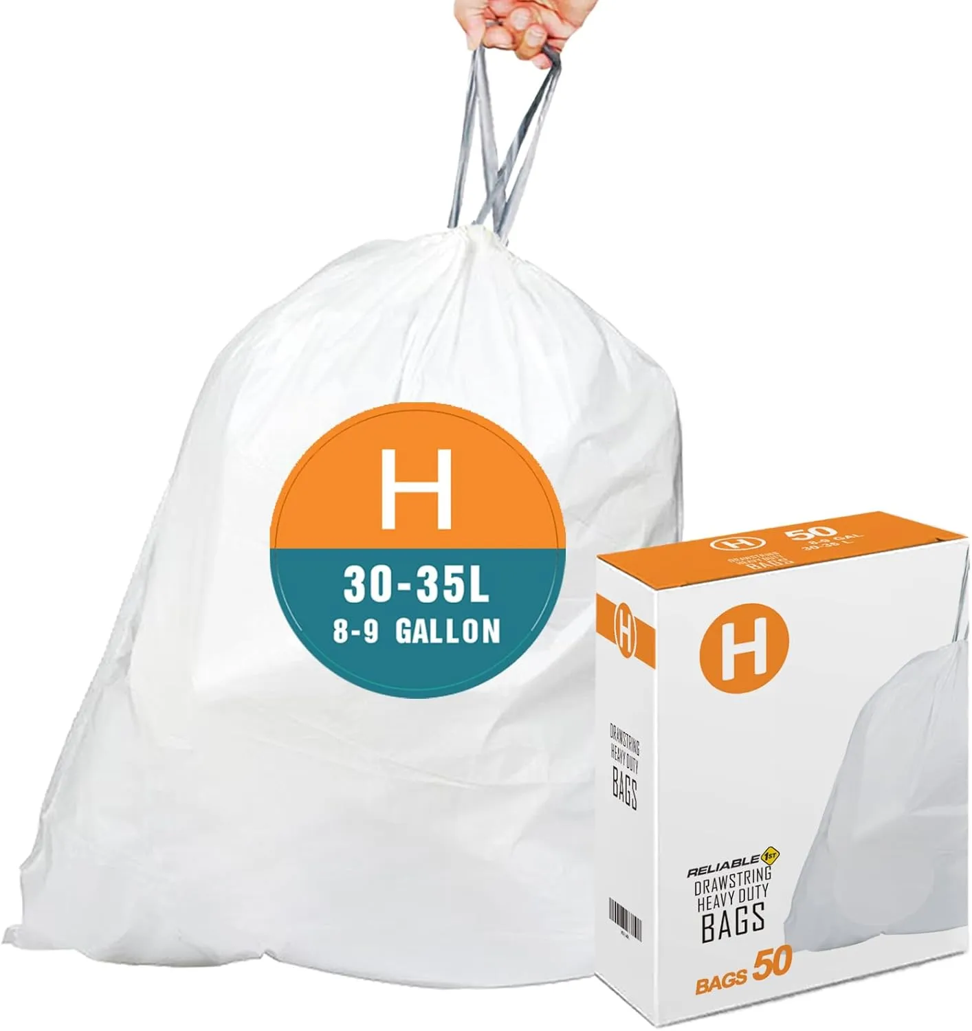 Code H 8-9 Gallon Heavy Duty Trash Bags with Reinforced Drawstring for 8-9 Gallon/30-35 Liter Reliable1st Compatible with simplehuman Code H (50 Count) | Tear & Leak Resistant Drawstring