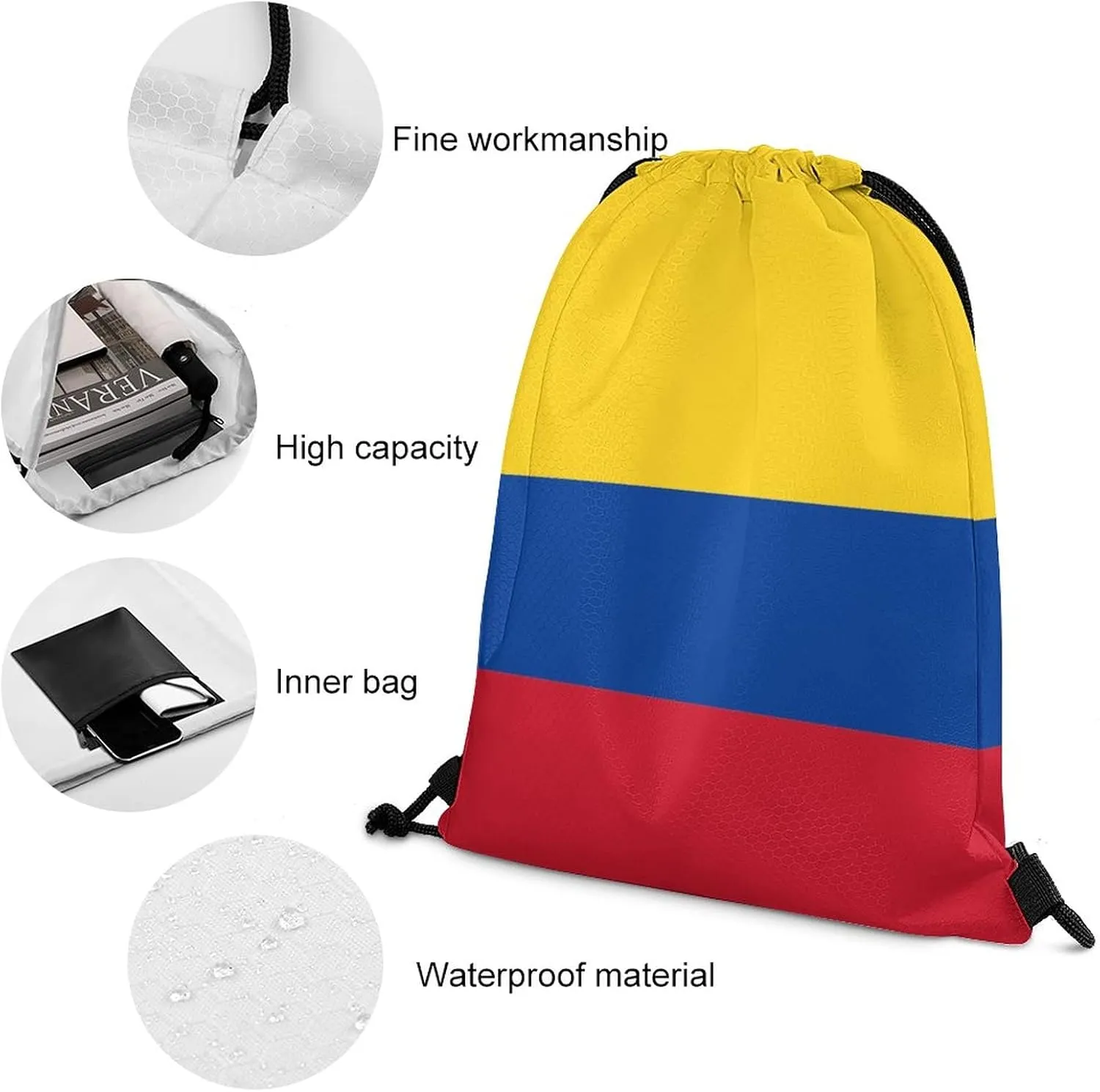 Colombian Flag Drawstring Backpack Sports Gym Sackpack Water Resistant String Bag for Women Men, 35*42cm, Style-1