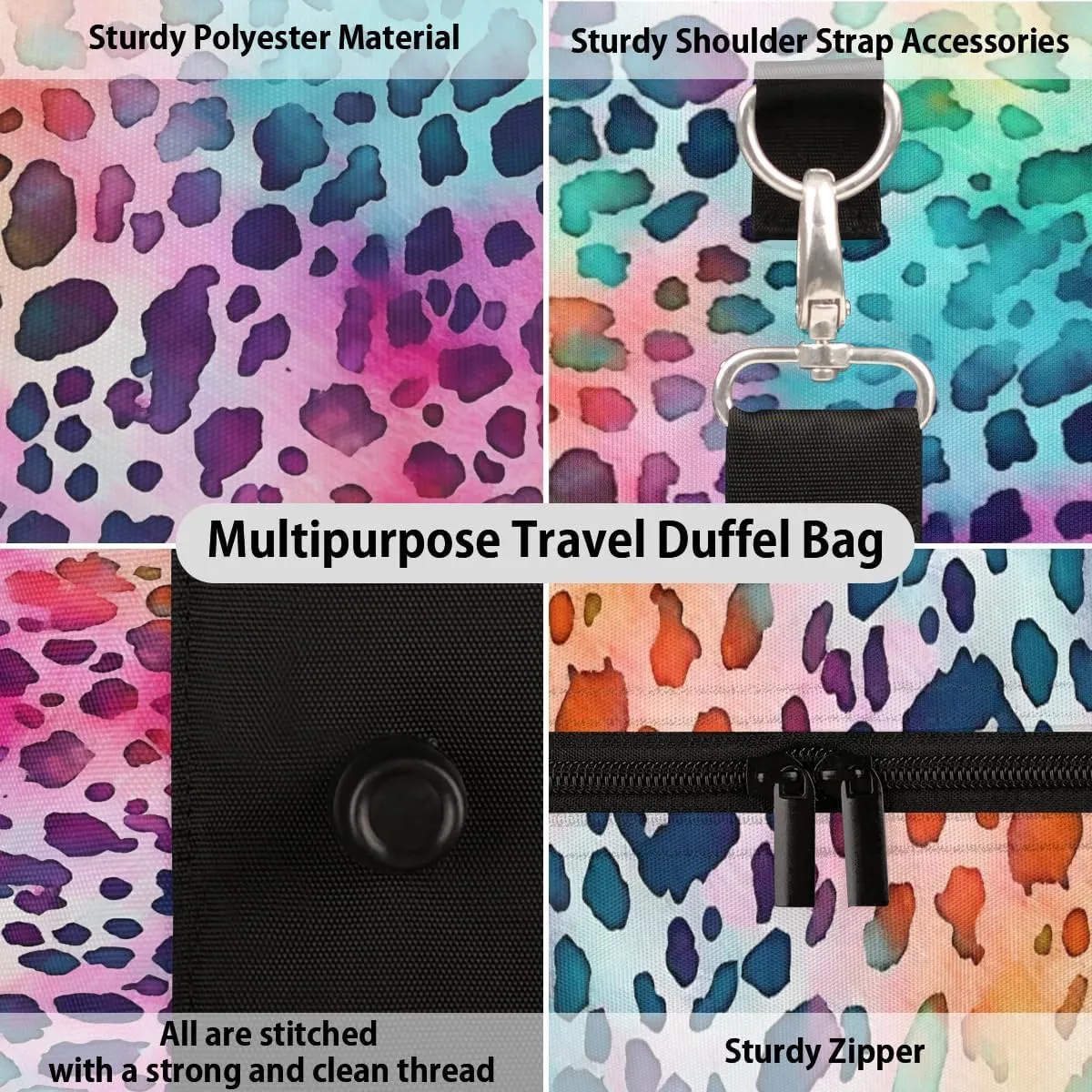 Color Leopard Skin Printed Travel Duffel Bag for Women Men Waterproof Foldable Overnight Weekender Bag Large Capacity Sports Gym Bag
