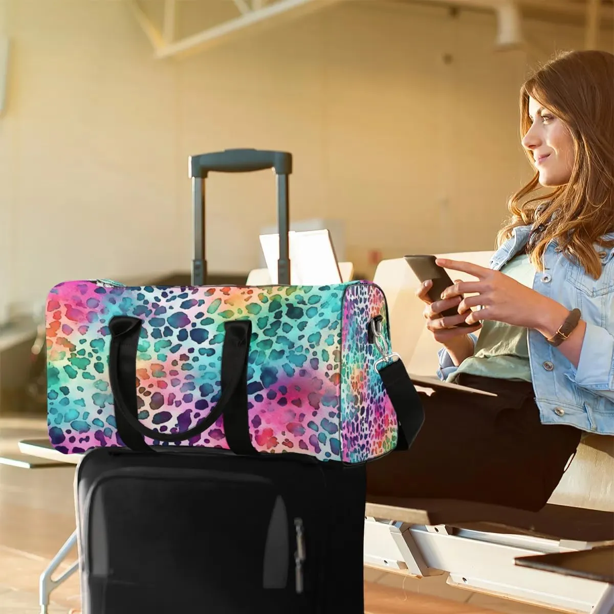Color Leopard Skin Printed Travel Duffel Bag for Women Men Waterproof Foldable Overnight Weekender Bag Large Capacity Sports Gym Bag