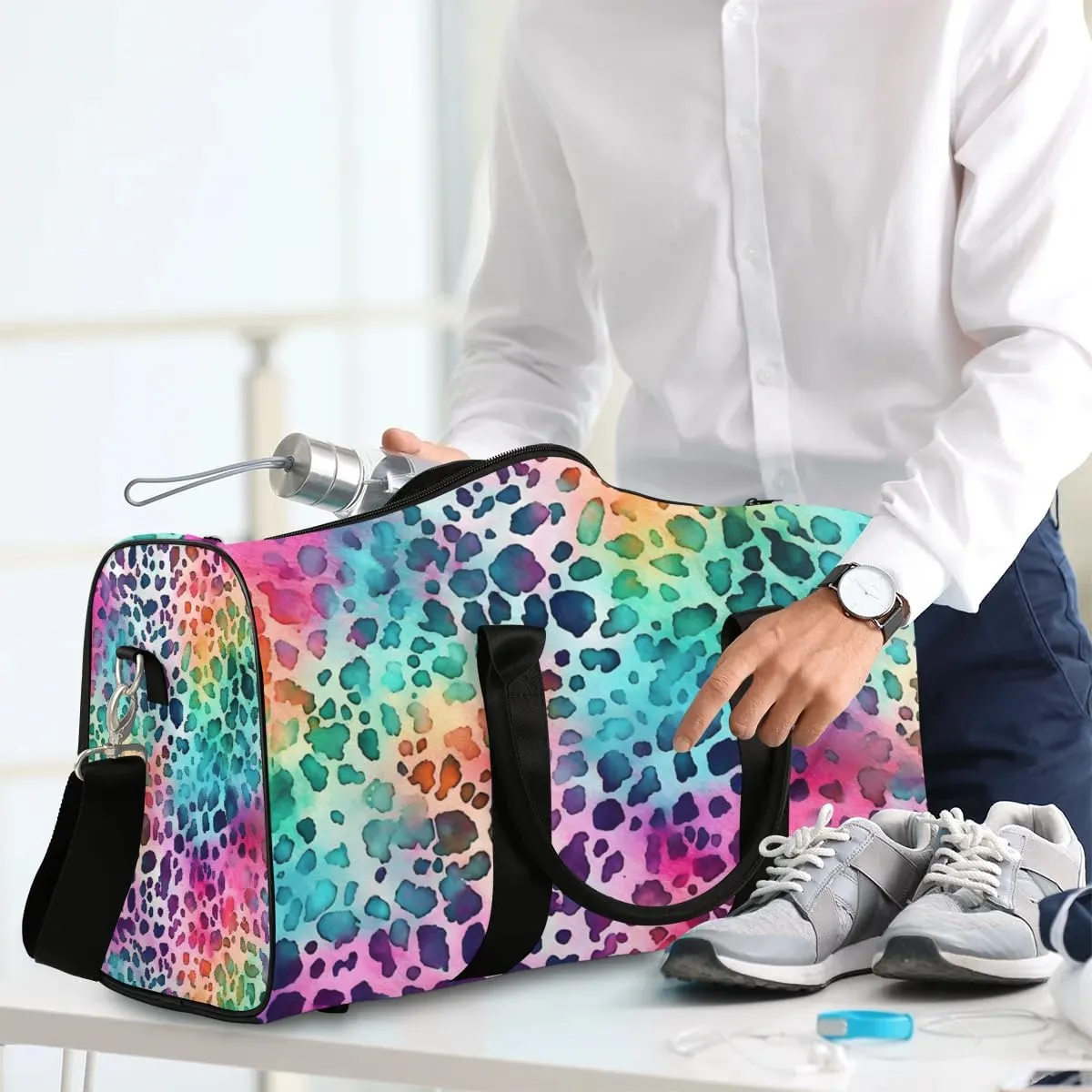Color Leopard Skin Printed Travel Duffel Bag for Women Men Waterproof Foldable Overnight Weekender Bag Large Capacity Sports Gym Bag
