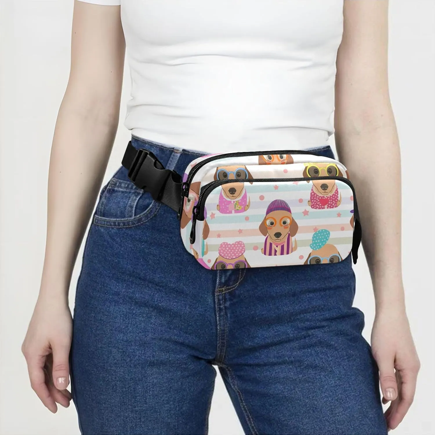 Colorful Cute Dachshund Dogs Fanny Packs for Women Hip Bag Belt Purse Waterproof Funky Cross Body Waist Pack