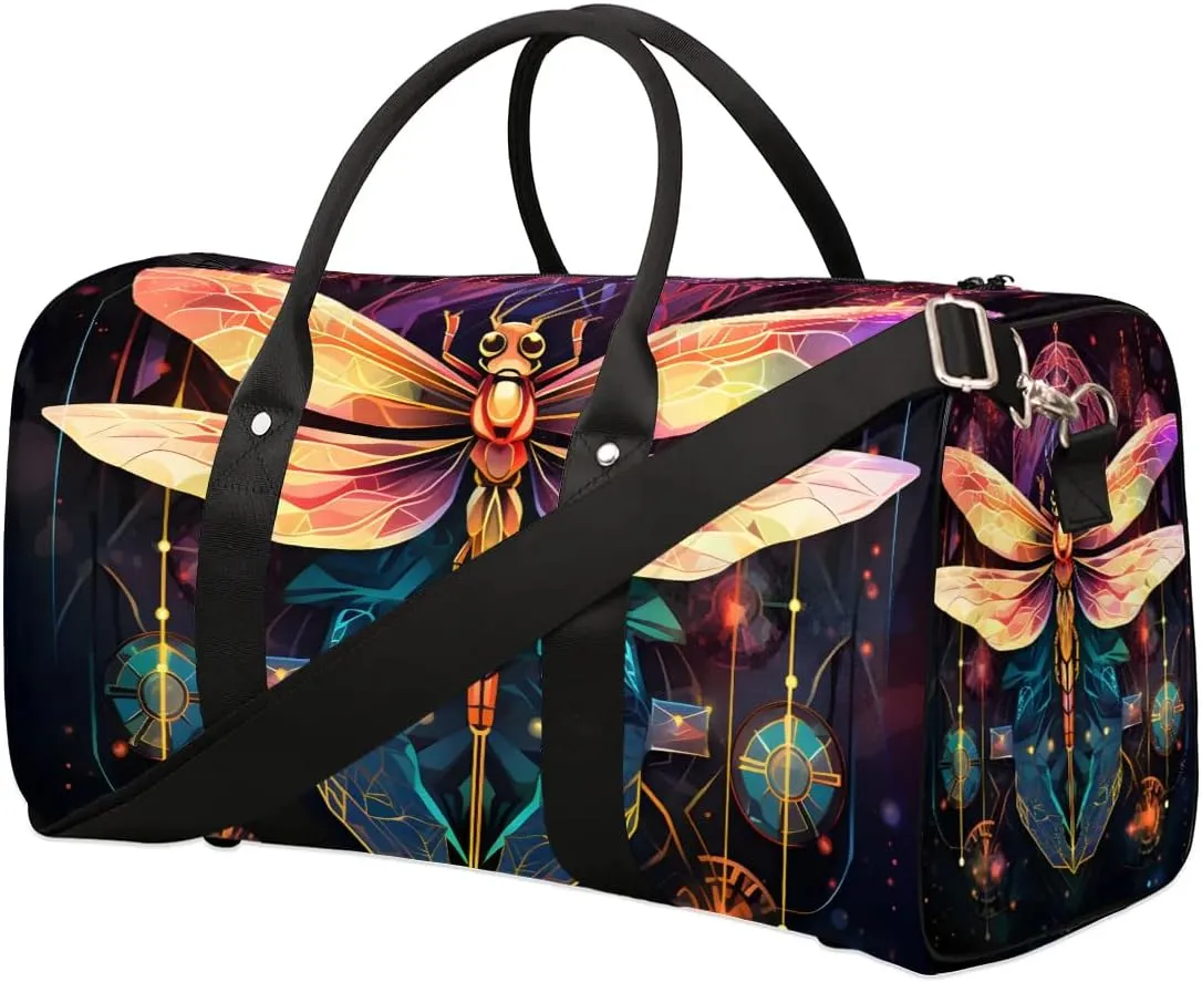 Colorful Dragonfly Travel Duffel Bag for Women Men Waterproof Foldable Overnight Weekender Bag Large Capacity Sports Gym Bag
