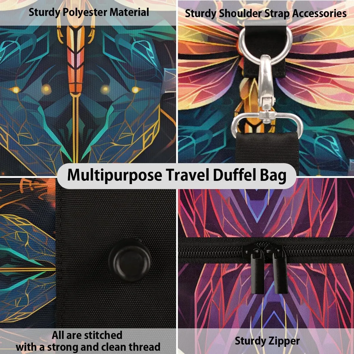 Colorful Dragonfly Travel Duffel Bag for Women Men Waterproof Foldable Overnight Weekender Bag Large Capacity Sports Gym Bag