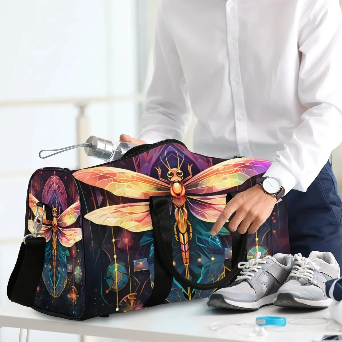 Colorful Dragonfly Travel Duffel Bag for Women Men Waterproof Foldable Overnight Weekender Bag Large Capacity Sports Gym Bag