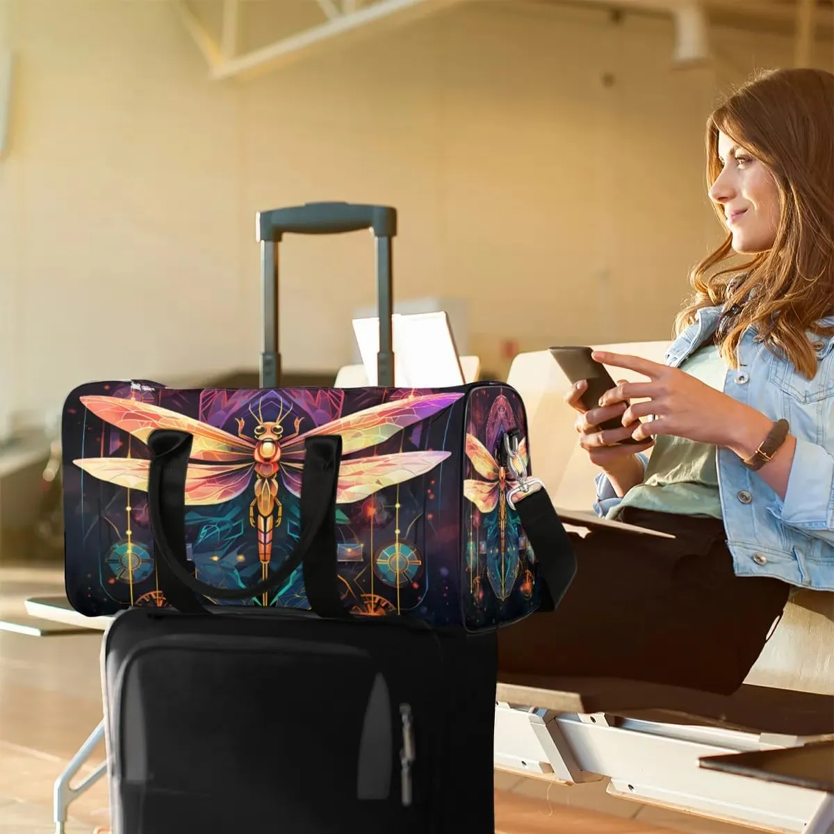 Colorful Dragonfly Travel Duffel Bag for Women Men Waterproof Foldable Overnight Weekender Bag Large Capacity Sports Gym Bag