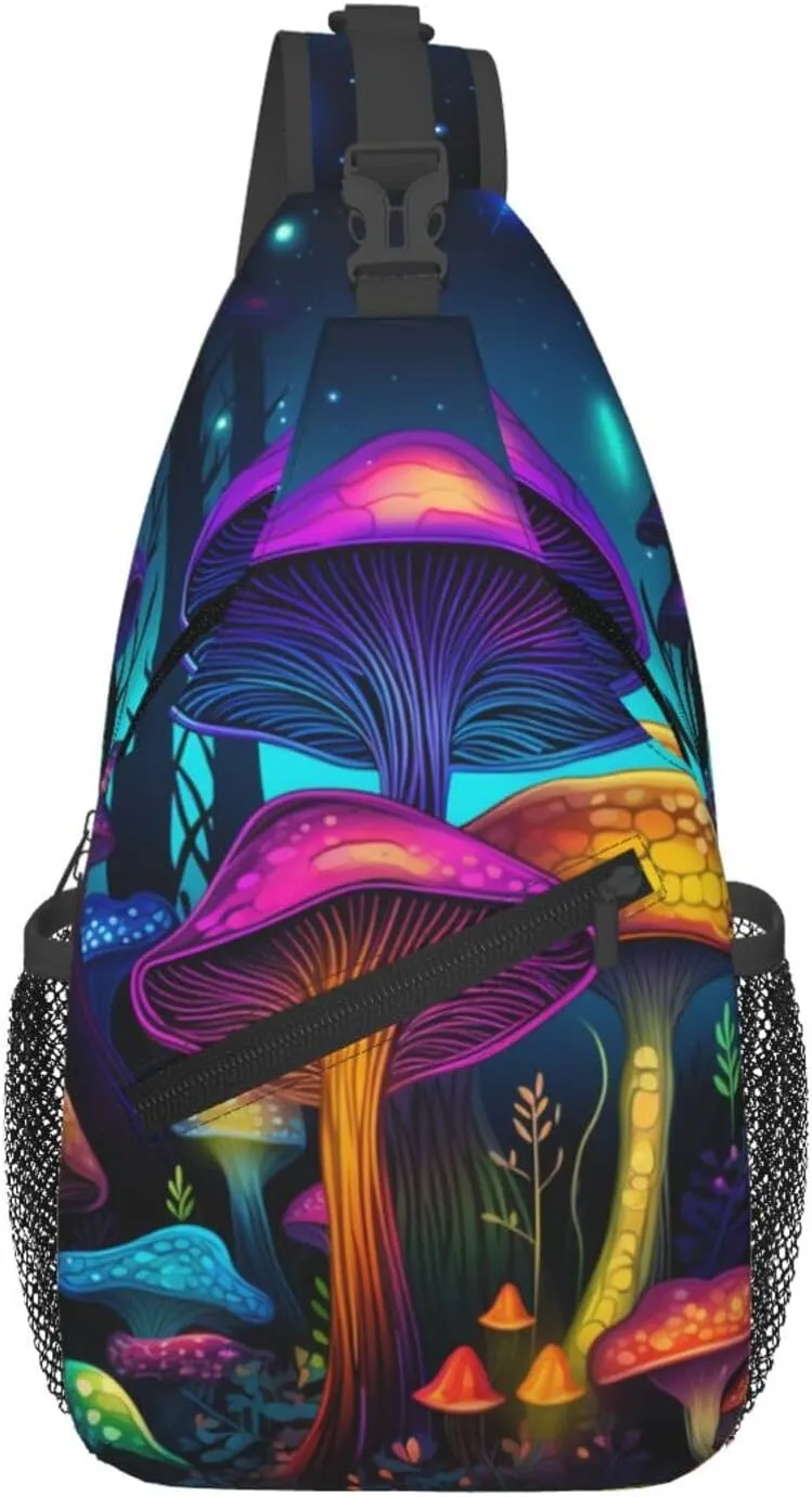 Colorful Mushroom Pattern Outdoor Crossbody Shoulder Bag For Unisex Young Adult Hiking Bicycling