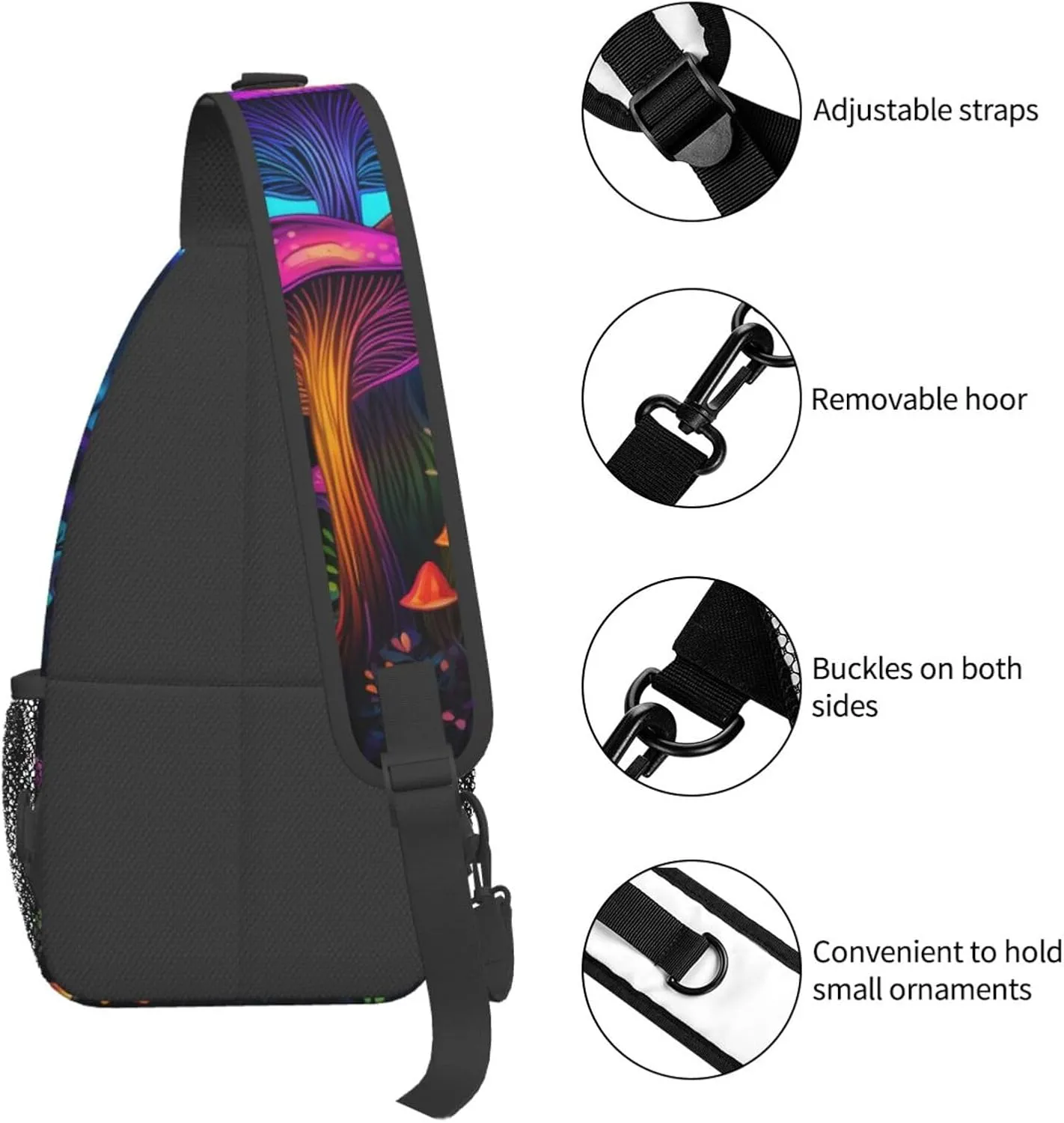 Colorful Mushroom Pattern Outdoor Crossbody Shoulder Bag For Unisex Young Adult Hiking Bicycling