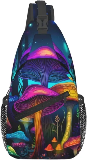 Colorful Mushroom Pattern Outdoor Crossbody Shoulder Bag For Unisex Young Adult Hiking Bicycling