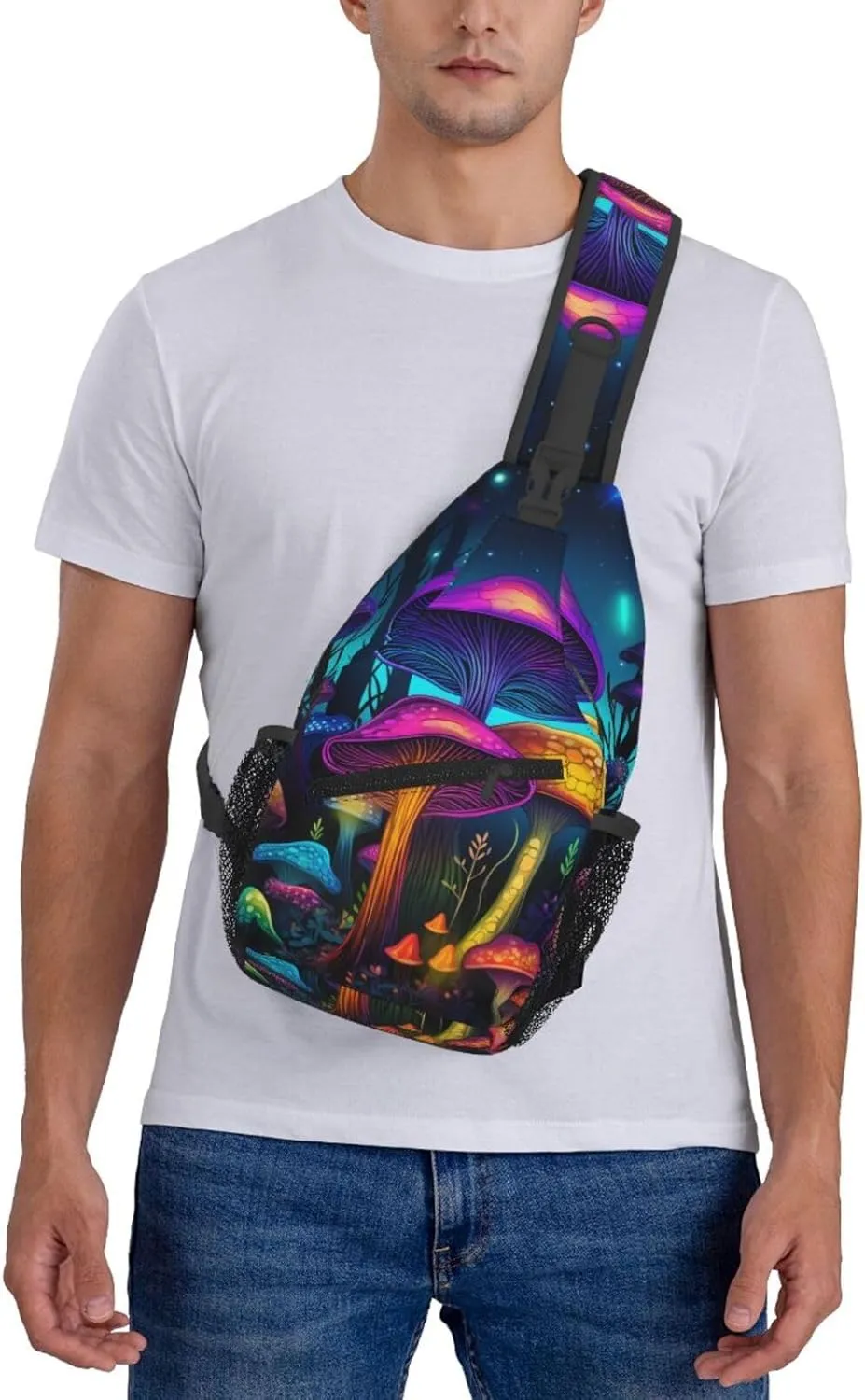 Colorful Mushroom Pattern Outdoor Crossbody Shoulder Bag For Unisex Young Adult Hiking Bicycling