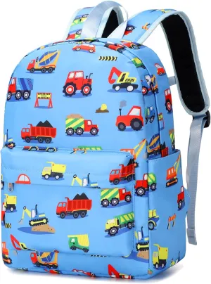 Construction Preschool Backpack for Boys, Kids Backpack for Preschool Kindergarten Toddler Daycare and Travel, Car Bookbag with Chest Buckle (Construction-Light Blue)