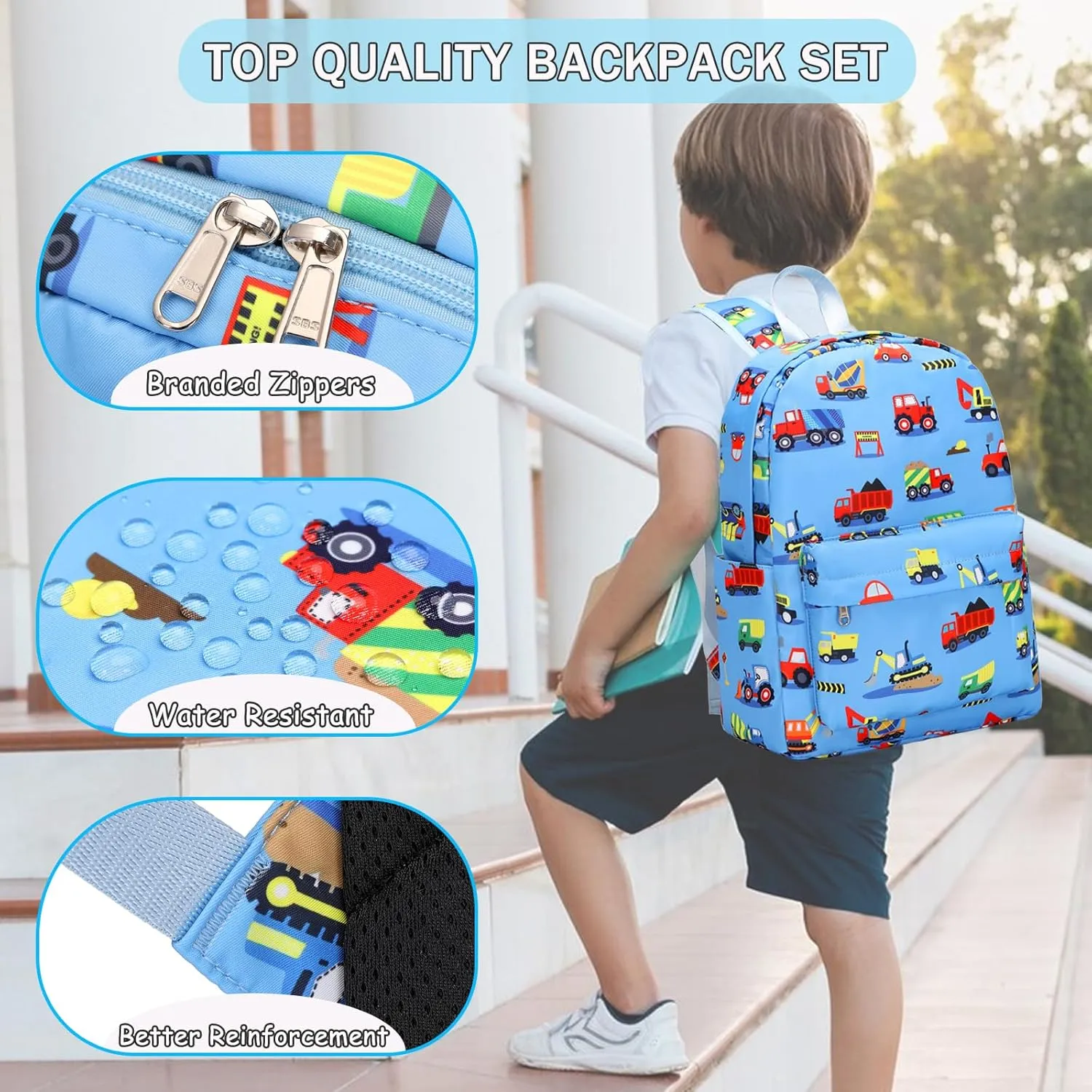 Construction Preschool Backpack for Boys, Kids Backpack for Preschool Kindergarten Toddler Daycare and Travel, Car Bookbag with Chest Buckle (Construction-Light Blue)