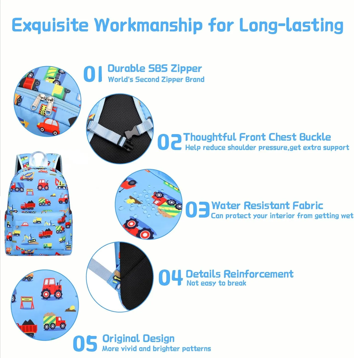 Construction Preschool Backpack for Boys, Kids Backpack for Preschool Kindergarten Toddler Daycare and Travel, Car Bookbag with Chest Buckle (Construction-Light Blue)