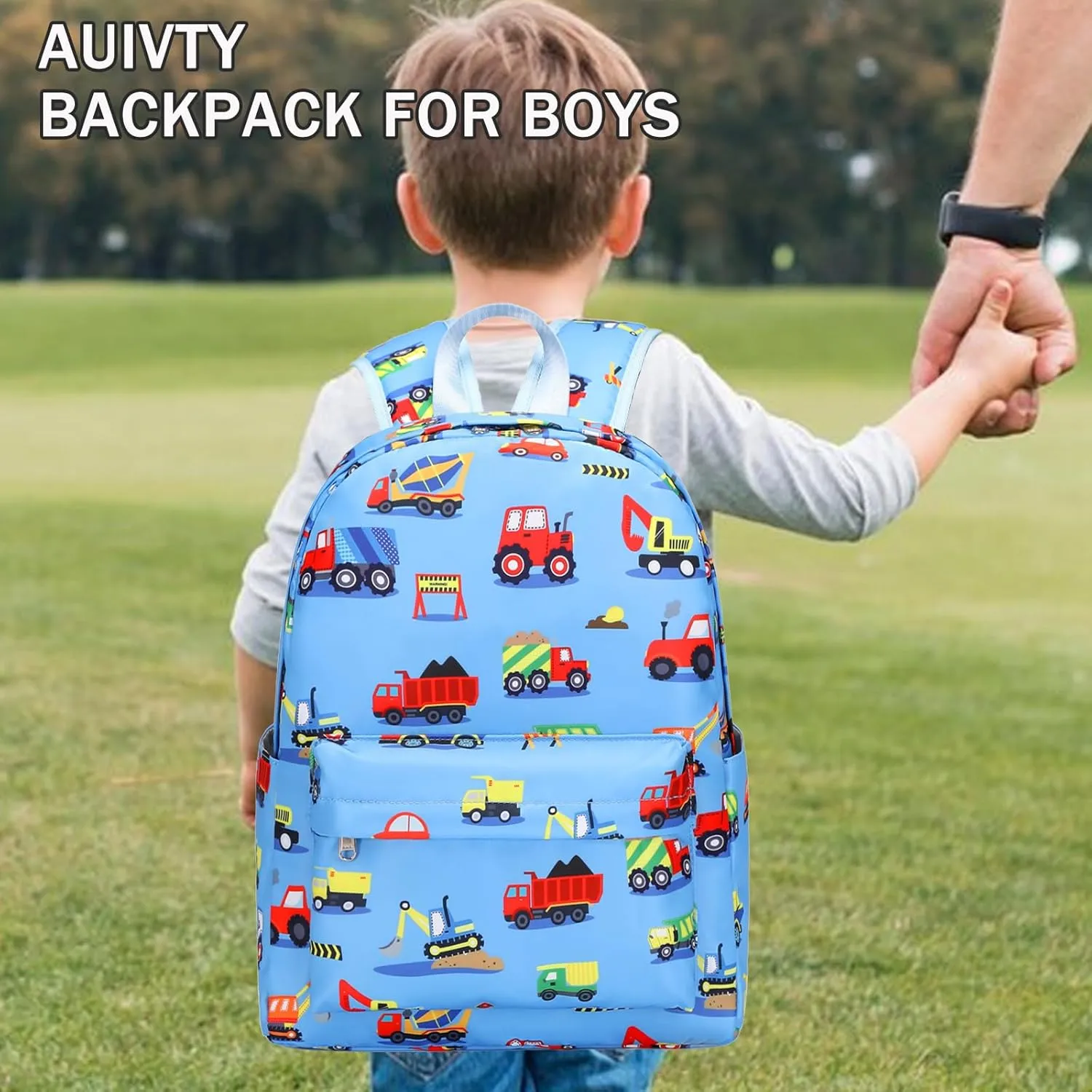 Construction Preschool Backpack for Boys, Kids Backpack for Preschool Kindergarten Toddler Daycare and Travel, Car Bookbag with Chest Buckle (Construction-Light Blue)