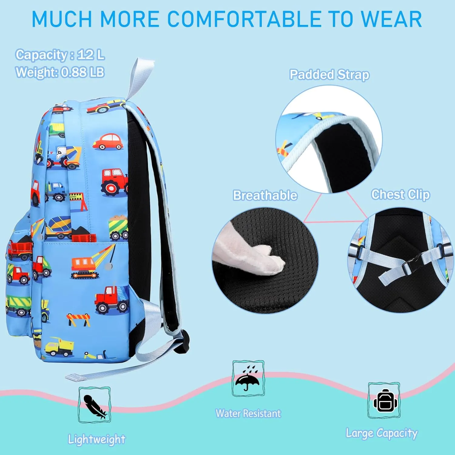 Construction Preschool Backpack for Boys, Kids Backpack for Preschool Kindergarten Toddler Daycare and Travel, Car Bookbag with Chest Buckle (Construction-Light Blue)
