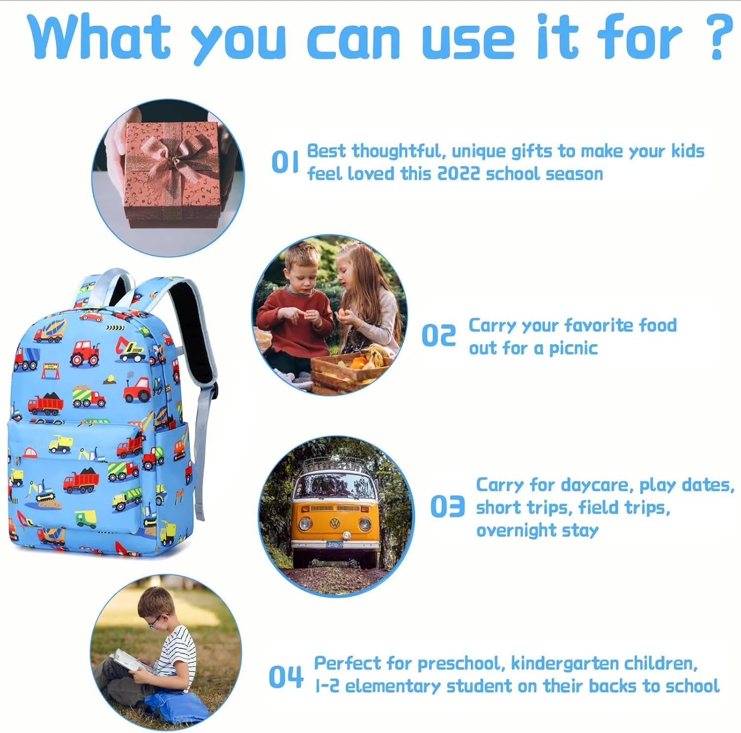 Construction Preschool Backpack for Boys, Kids Backpack for Preschool Kindergarten Toddler Daycare and Travel, Car Bookbag with Chest Buckle (Construction-Light Blue)