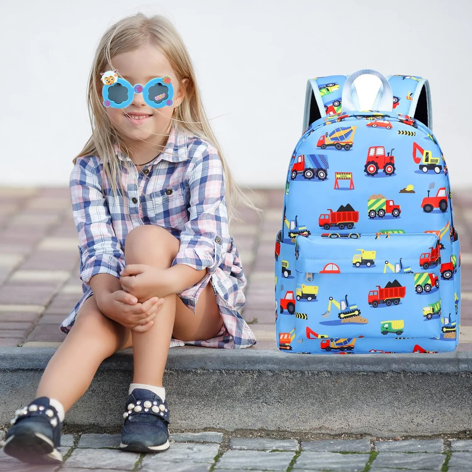 Construction Preschool Backpack for Boys, Kids Backpack for Preschool Kindergarten Toddler Daycare and Travel, Car Bookbag with Chest Buckle (Construction-Light Blue)