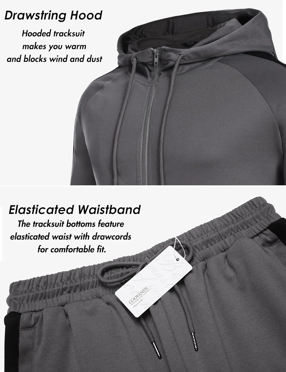 COOFANDY Tracksuit Mens with Zipper Pockets Full Zip Hoodie Sweatsuit 2 Pieces Running Jogging Sports Casual Sweat Suits