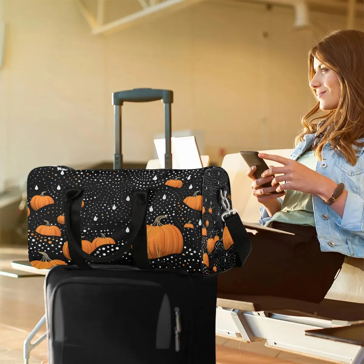 Cool Pumpkin Travel Duffel Bag for Women Men Waterproof Foldable Overnight Weekender Bag Large Capacity Sports Gym Bag