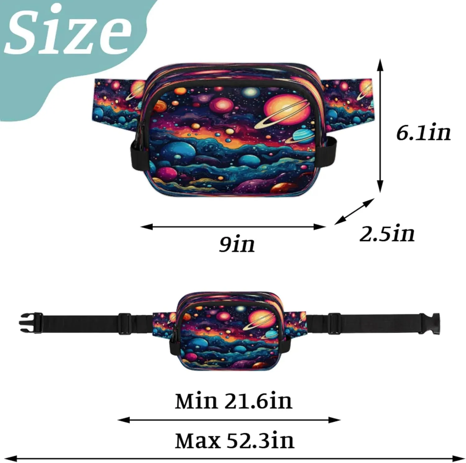 Cosmic Dream Waterproof Unisex Square Fanny Pack, Adjustable Waist Bag with Pockets, Sturdy Lightweight Crossbody Bag for Travel, Running, Hiking (9x6.1x2.5 Inches)