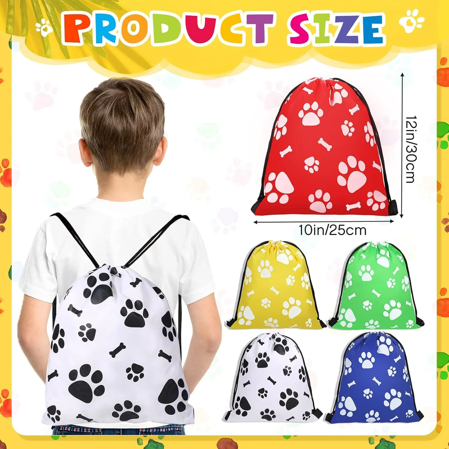 Coume 20 Pcs Small Paw Print Drawstring Backpacks Reusable Paw Bags Cute Puppy String Gift Bags for Kids Graduation Party Travel Favors, 10 x 12 Inch