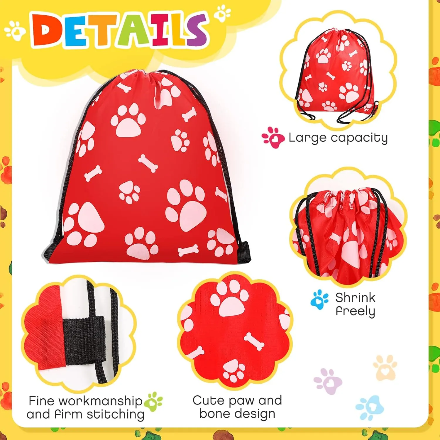Coume 20 Pcs Small Paw Print Drawstring Backpacks Reusable Paw Bags Cute Puppy String Gift Bags for Kids Graduation Party Travel Favors, 10 x 12 Inch