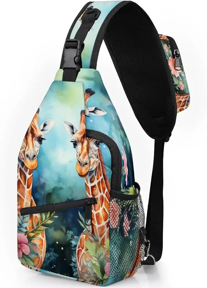 Couple Giraffes Sling Bag for Women Men, Waterproof Crossbody Sling Backpack Travel Outdoor Sports Chest Bag