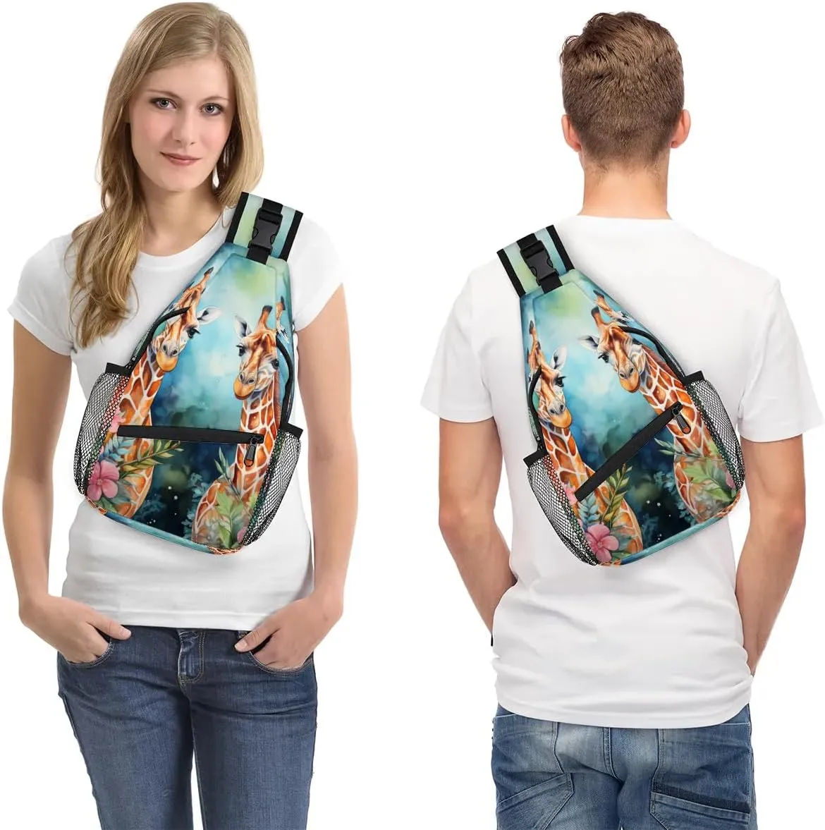 Couple Giraffes Sling Bag for Women Men, Waterproof Crossbody Sling Backpack Travel Outdoor Sports Chest Bag