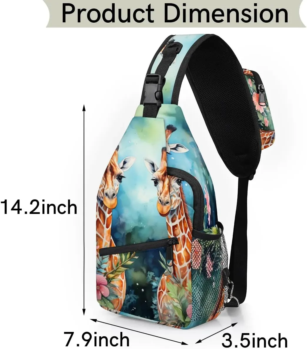 Couple Giraffes Sling Bag for Women Men, Waterproof Crossbody Sling Backpack Travel Outdoor Sports Chest Bag