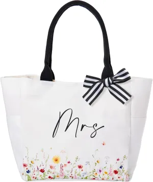 Crisky Mrs Canvas Tote Gifts Bag Wildflower Bottom Decoration for Bridal Shower, Wedding, Engagement, Bachelorette Party, 13.8" x 12.4" x 6"