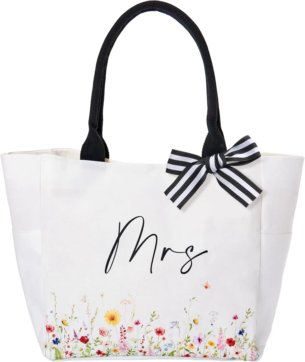 Crisky Mrs Canvas Tote Gifts Bag Wildflower Bottom Decoration for Bridal Shower, Wedding, Engagement, Bachelorette Party, 13.8" x 12.4" x 6"