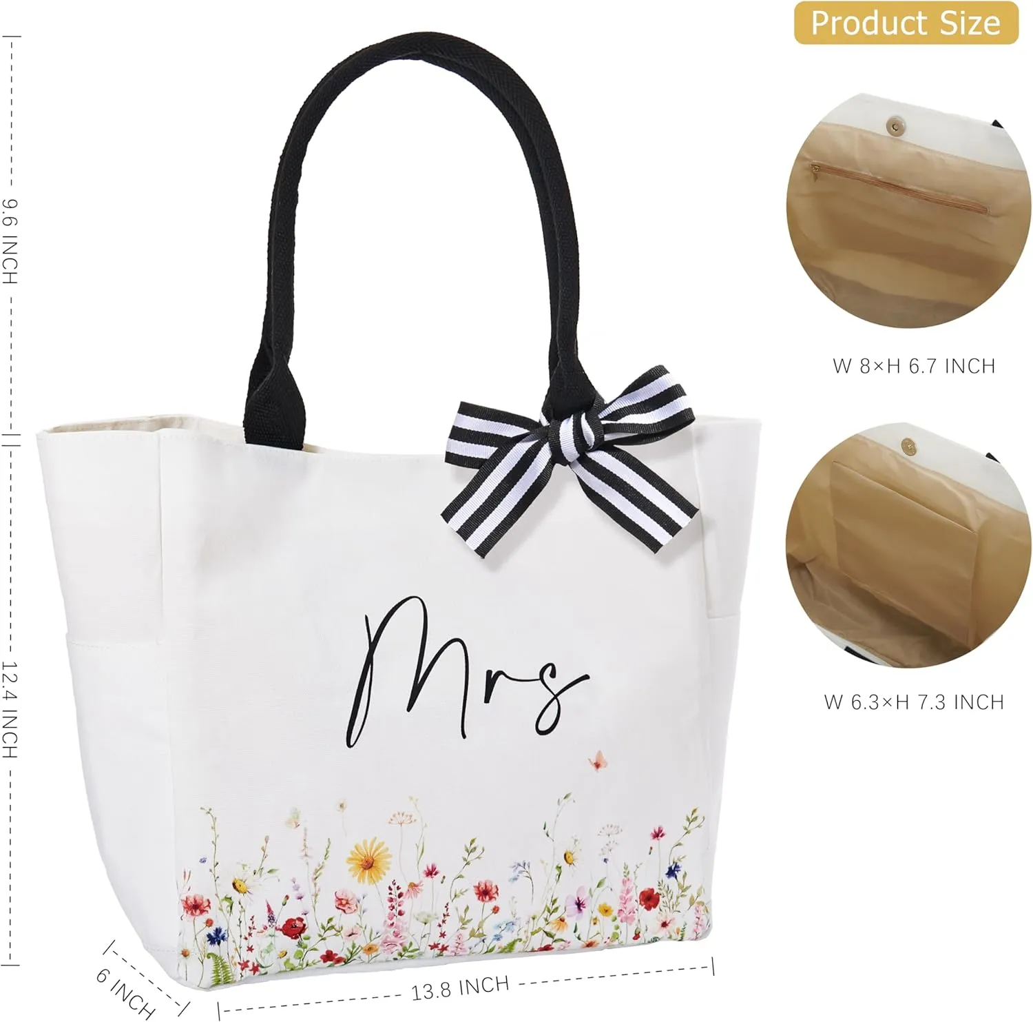 Crisky Mrs Canvas Tote Gifts Bag Wildflower Bottom Decoration for Bridal Shower, Wedding, Engagement, Bachelorette Party, 13.8" x 12.4" x 6"