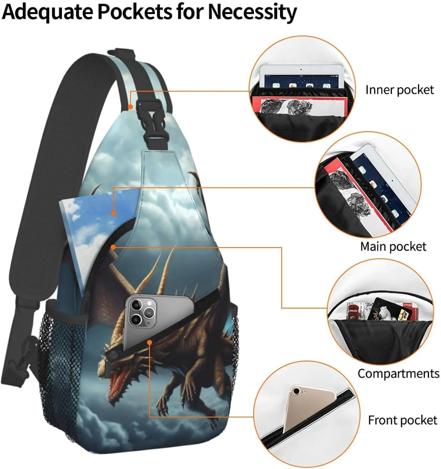 Cross Chest Bag Diagonally Sling Backpack Crossbody Shoulder Bag Flying Dragon Sling Bag Travel Hiking Daypack