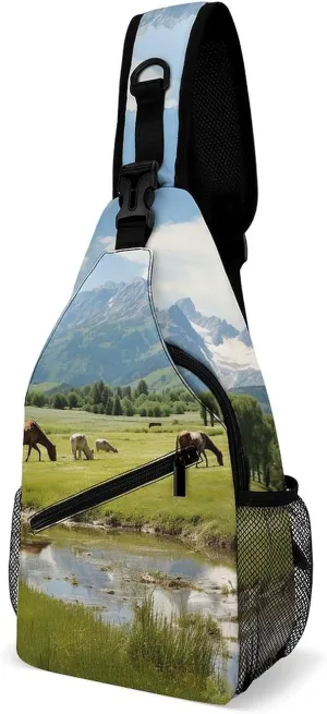 Cross Chest Bag Diagonally Sling Backpack Crossbody Shoulder Bags Mountain Pasture Grazing Horses Sling Bag Travel Hiking Daypack