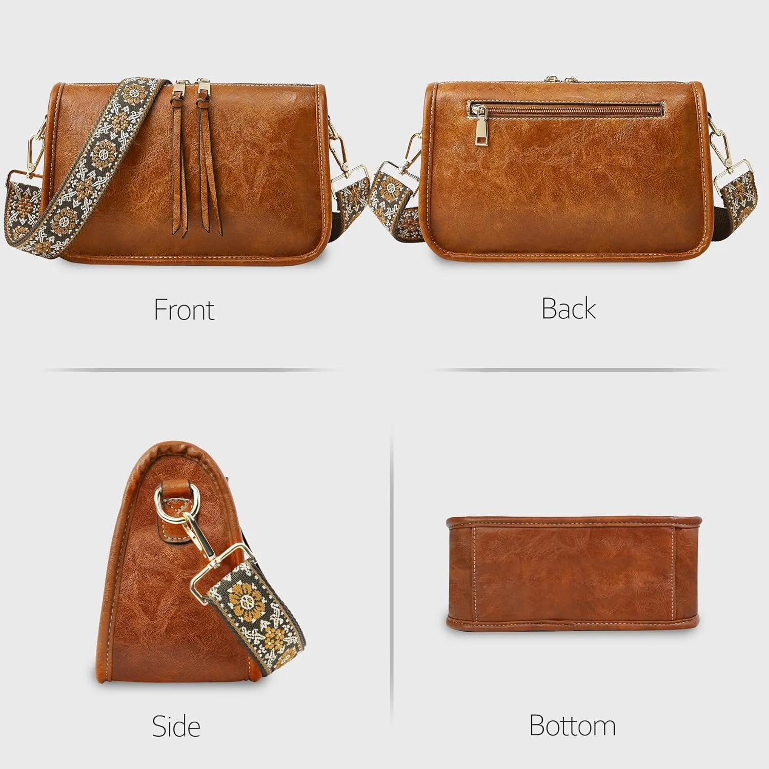 Crossbody Bag for Women Bohemian Vintage Stylish Purse Vegan Leather Shoulder Bag with Adjustable Wide Strap