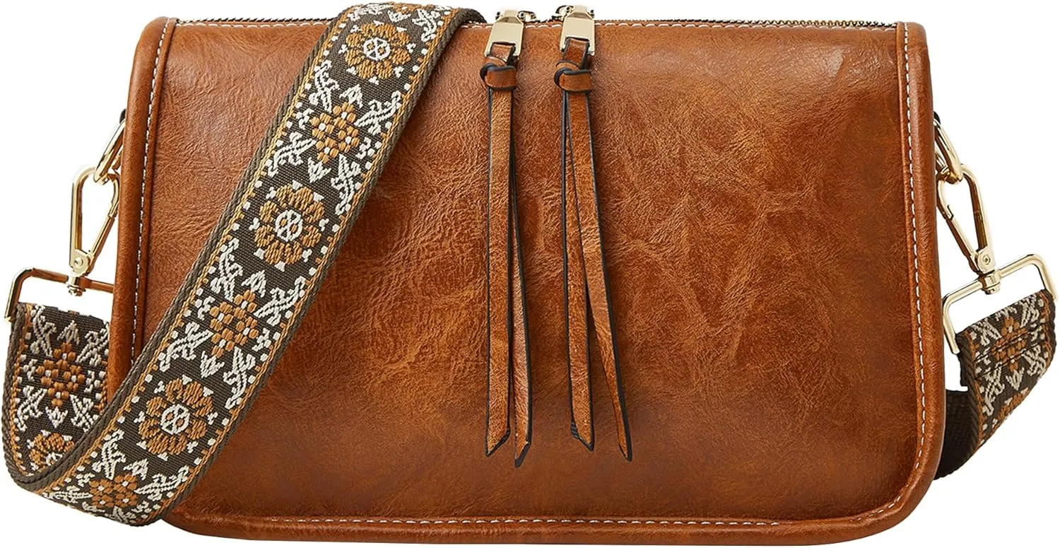 Crossbody Bag for Women Bohemian Vintage Stylish Purse Vegan Leather Shoulder Bag with Adjustable Wide Strap