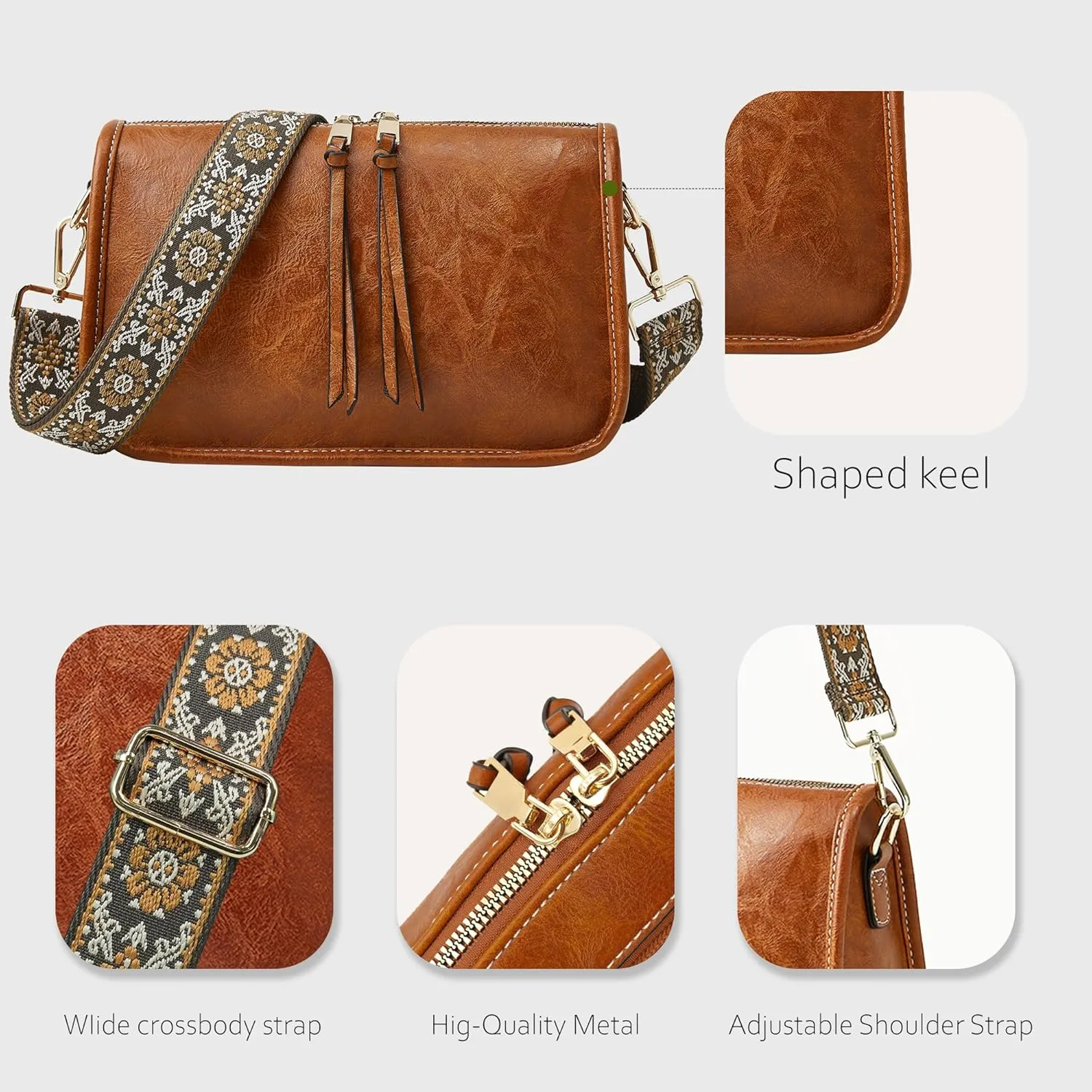 Crossbody Bag for Women Bohemian Vintage Stylish Purse Vegan Leather Shoulder Bag with Adjustable Wide Strap