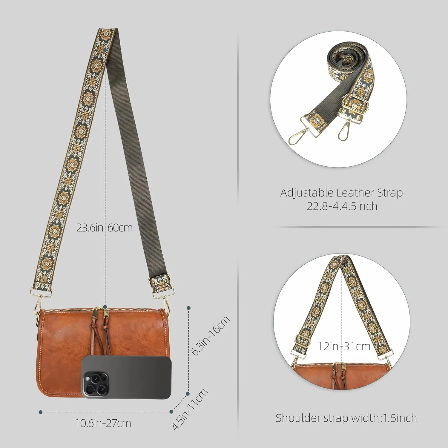 Crossbody Bag for Women Bohemian Vintage Stylish Purse Vegan Leather Shoulder Bag with Adjustable Wide Strap