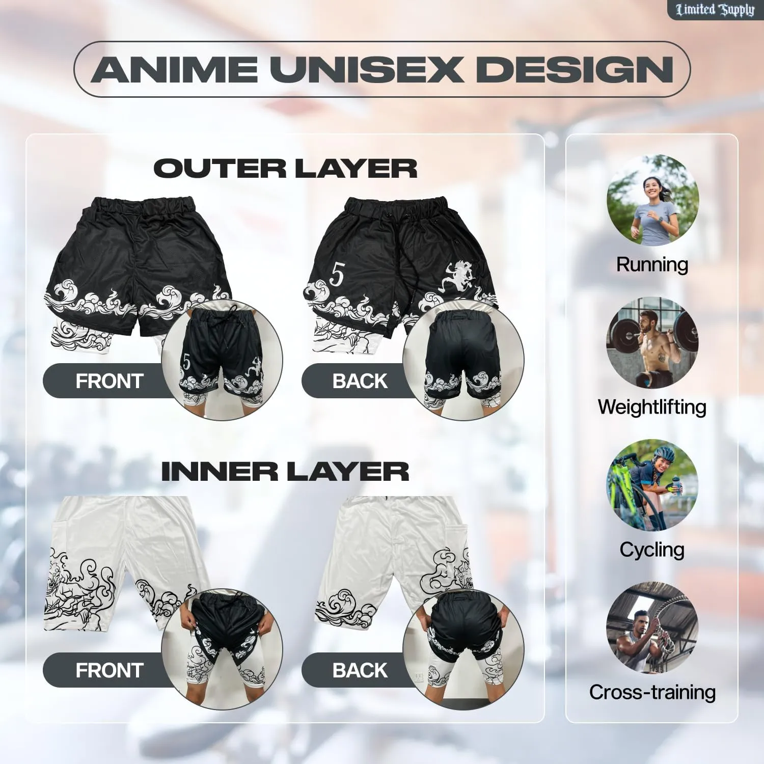 CROWN Anime Shorts - Breathable Stretch Compression Gym Mesh Short with Pockets and Towel Holder