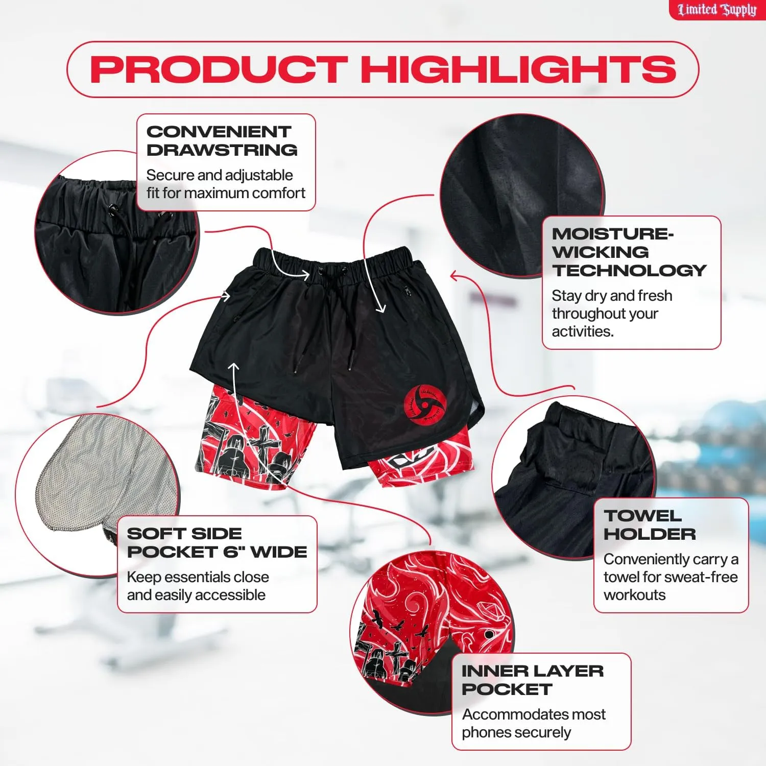 CROWN Anime Shorts - Breathable Stretch Compression Gym Mesh Short with Pockets and Towel Holder