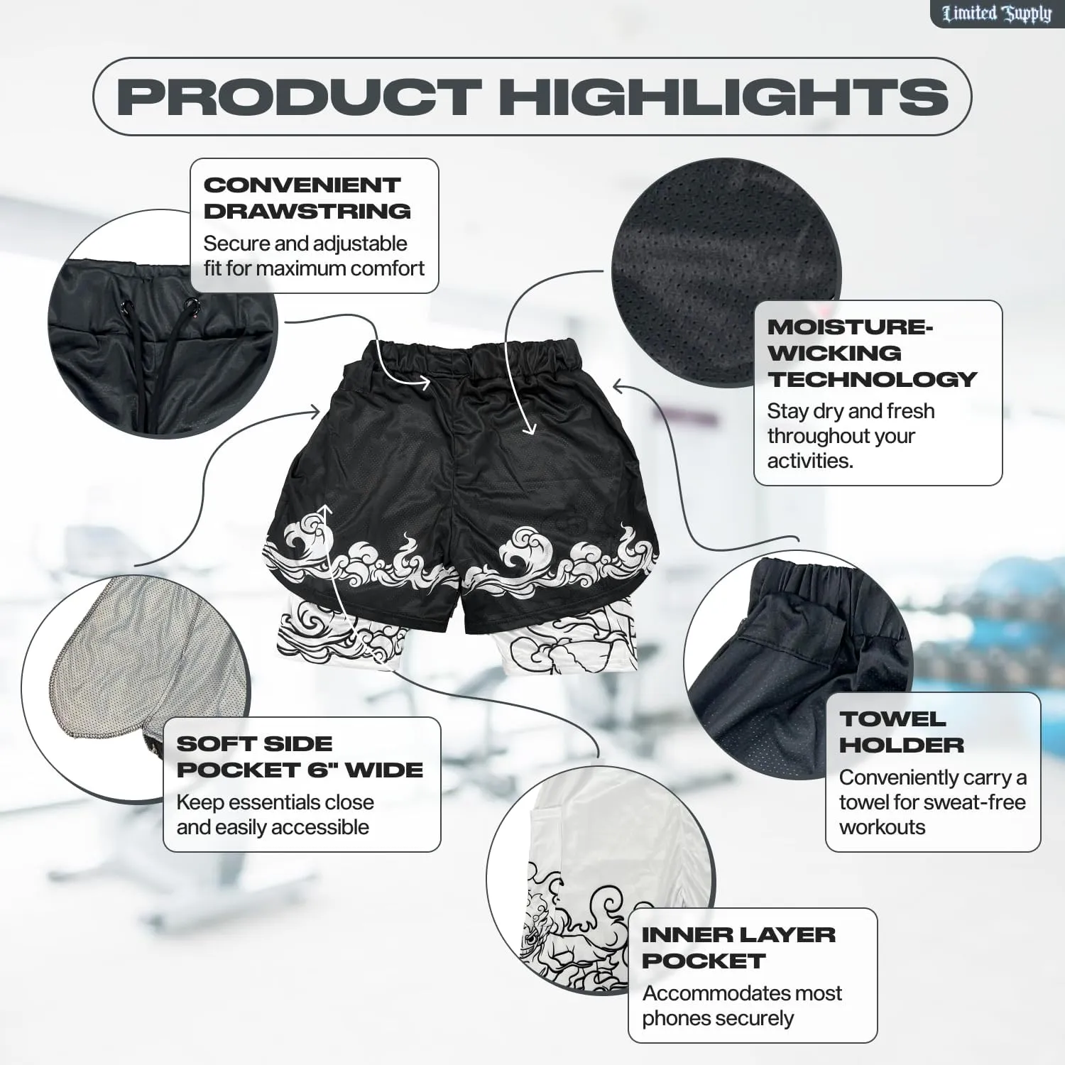 CROWN Anime Shorts - Breathable Stretch Compression Gym Mesh Short with Pockets and Towel Holder